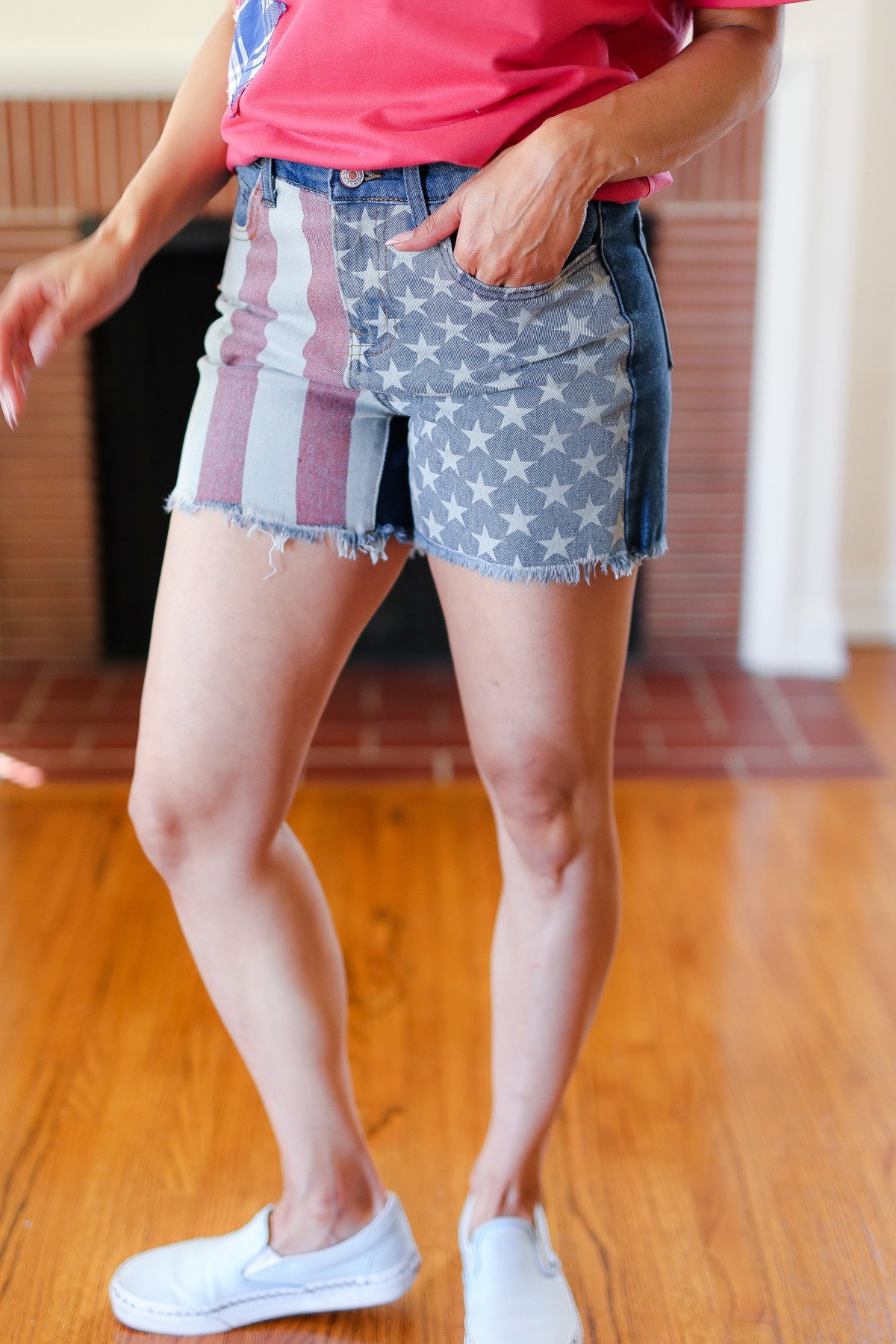 American Flag High Rise Frayed Hem Denim Shorts-2024 Blow-Out Sale-Modish Lily, Tecumseh Michigan