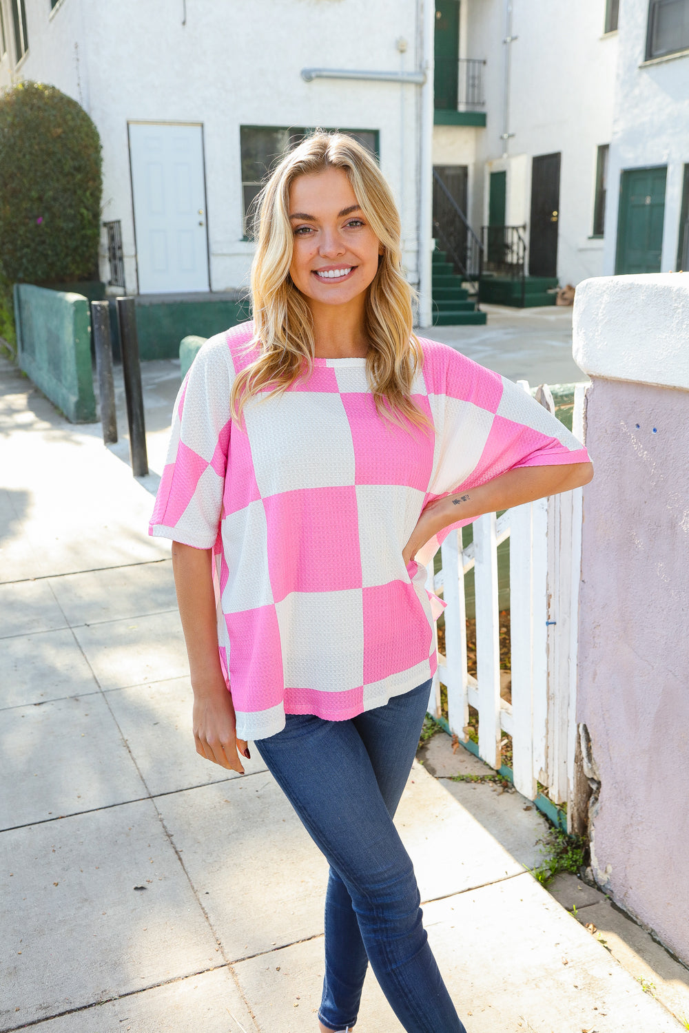 Dazzle In Pink & White Checker Print Waffle Knit Top-Modish Lily, Tecumseh Michigan