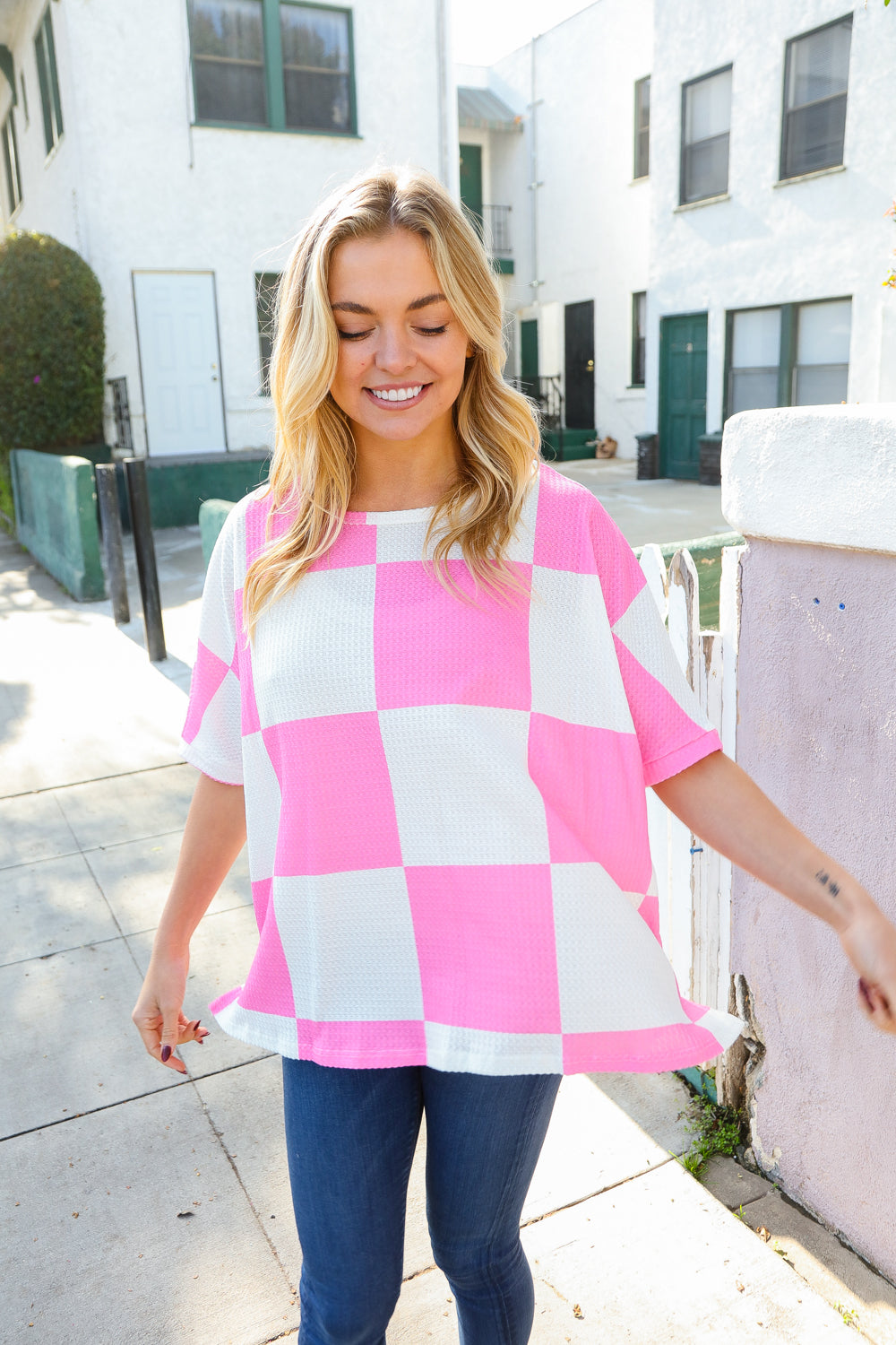 Dazzle In Pink & White Checker Print Waffle Knit Top-Modish Lily, Tecumseh Michigan