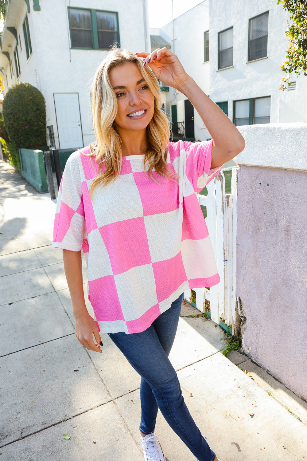 Dazzle In Pink & White Checker Print Waffle Knit Top-Modish Lily, Tecumseh Michigan