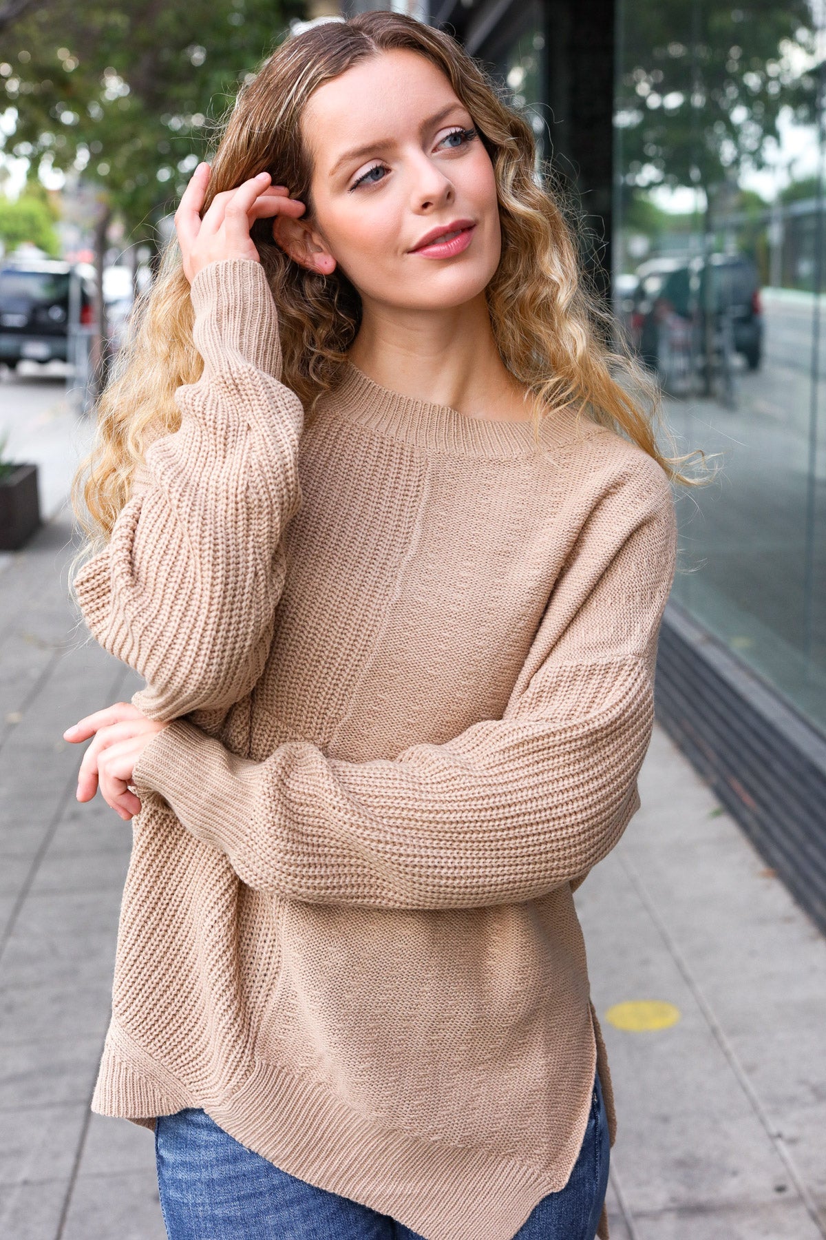 Autumn Vibes Taupe Asymmetrical Knit Sweater-2024 Blow-Out Sale-Modish Lily, Tecumseh Michigan