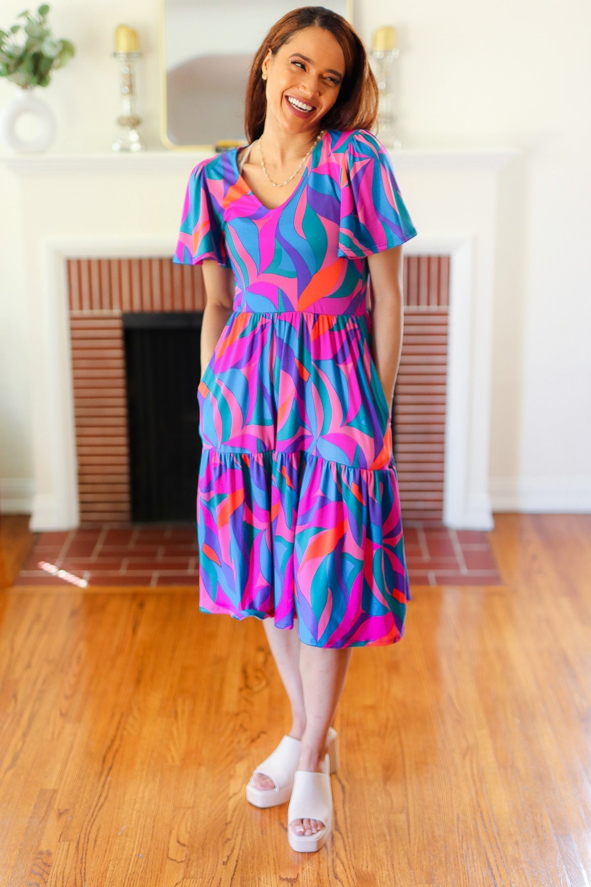 Remember Me Blue & Fuchsia Geo Print V Neck Dress-Modish Lily, Tecumseh Michigan