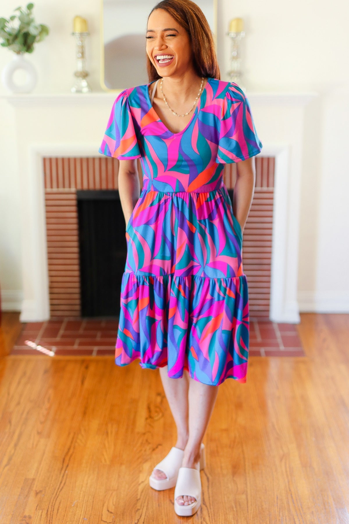 Remember Me Blue & Fuchsia Geo Print V Neck Dress-Modish Lily, Tecumseh Michigan