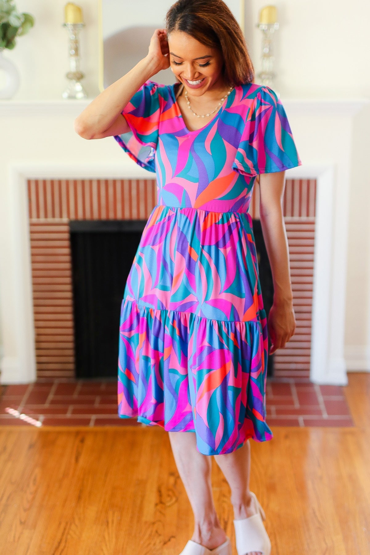 Remember Me Blue & Fuchsia Geo Print V Neck Dress-Modish Lily, Tecumseh Michigan