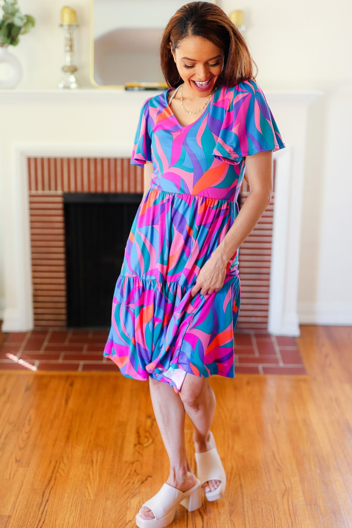 Remember Me Blue & Fuchsia Geo Print V Neck Dress-Modish Lily, Tecumseh Michigan