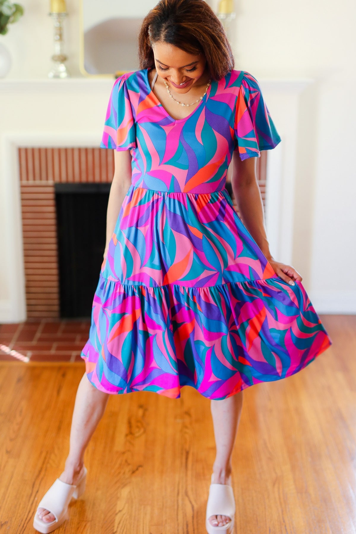 Remember Me Blue & Fuchsia Geo Print V Neck Dress-Modish Lily, Tecumseh Michigan