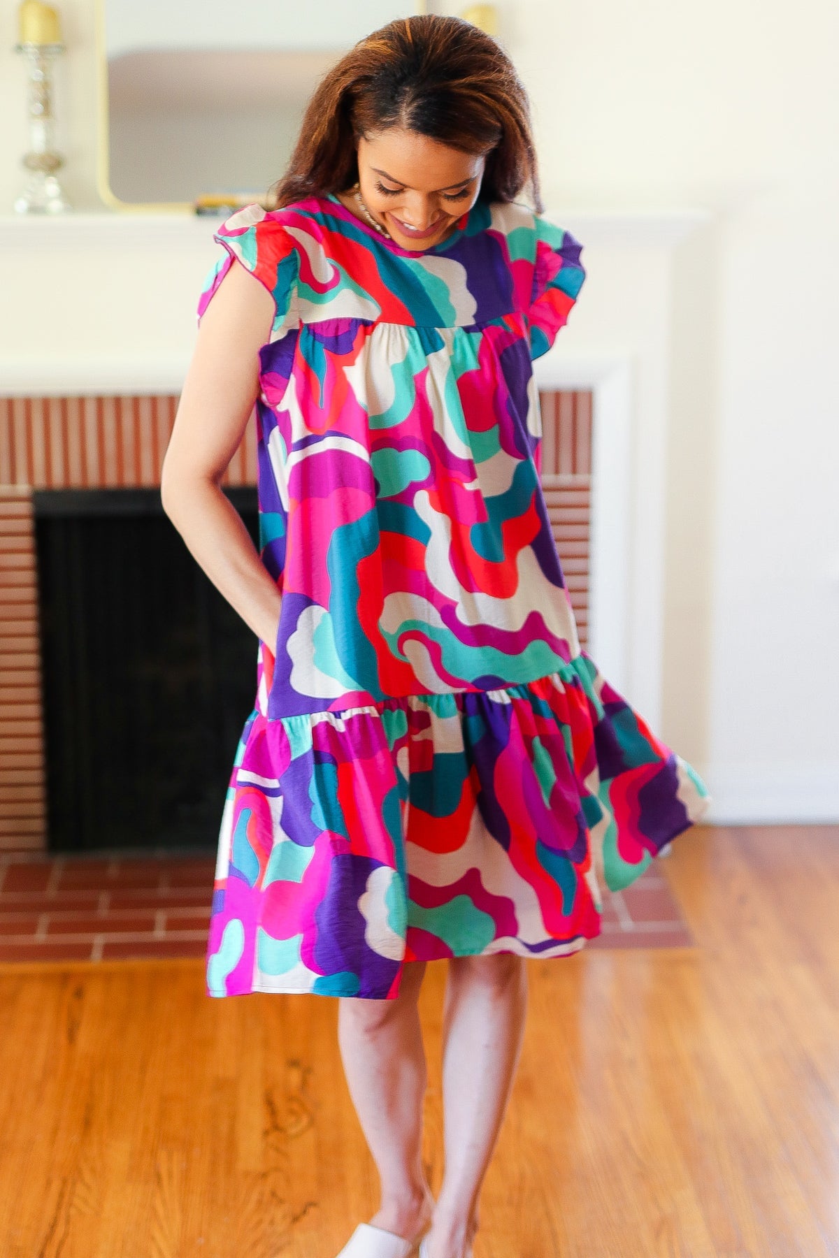 Go For Fun Fuchsia Geo Print Tiered Ruffle Sleeve Woven Dress-Modish Lily, Tecumseh Michigan