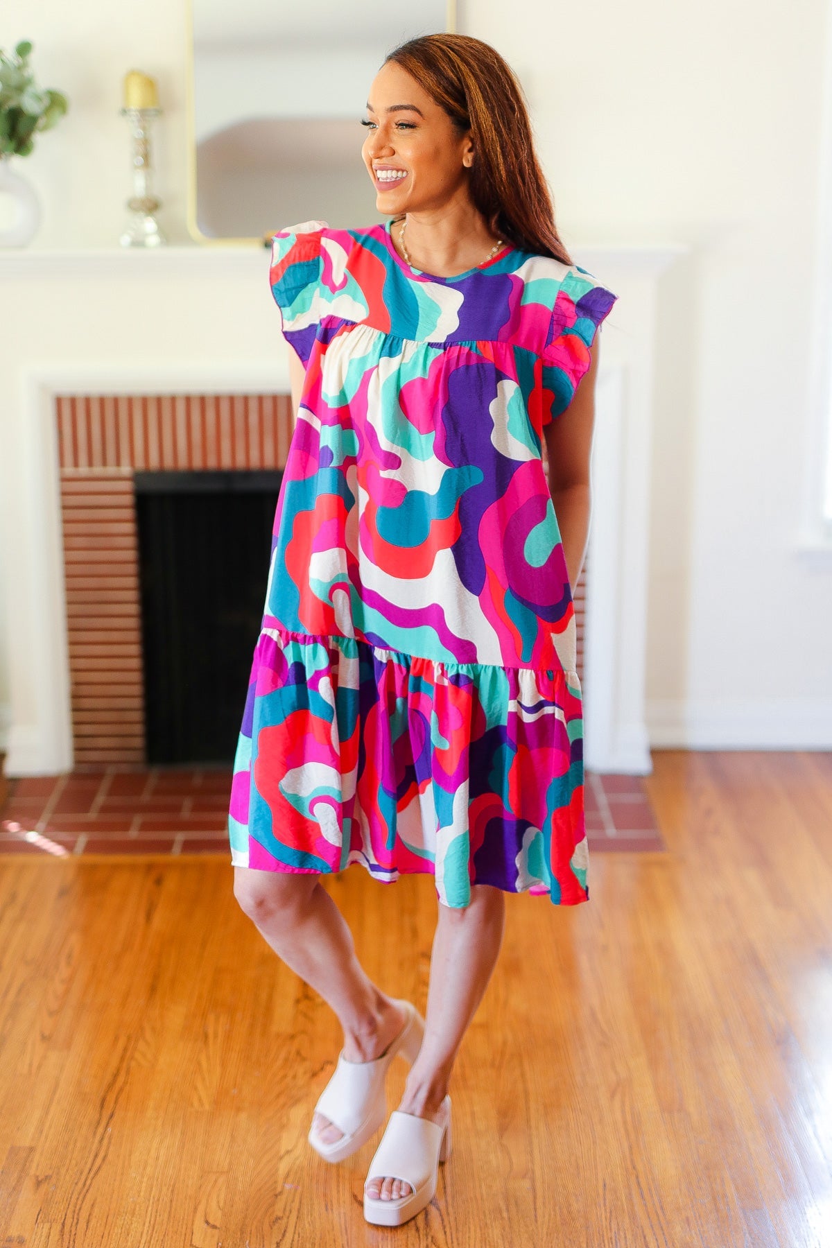 Go For Fun Fuchsia Geo Print Tiered Ruffle Sleeve Woven Dress-Modish Lily, Tecumseh Michigan