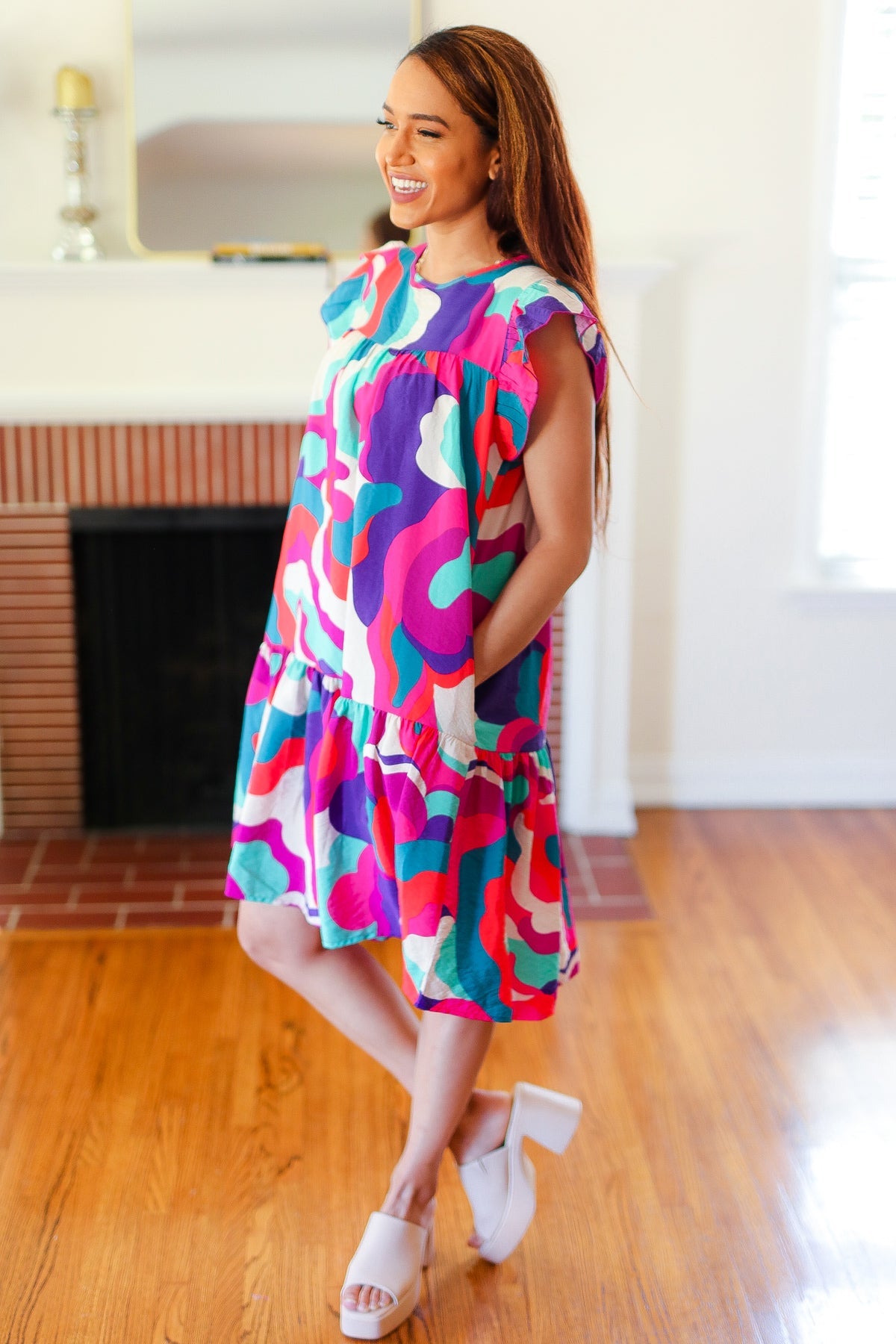 Go For Fun Fuchsia Geo Print Tiered Ruffle Sleeve Woven Dress-Modish Lily, Tecumseh Michigan