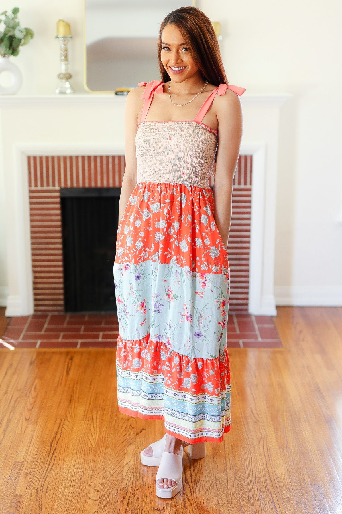 Vacay Vibes Taupe Floral Smocked Tube Top Tiered Maxi Dress-Modish Lily, Tecumseh Michigan