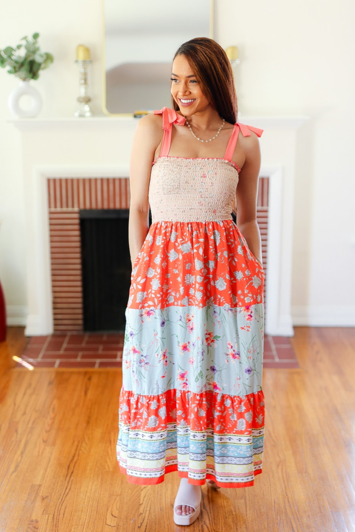 Vacay Vibes Taupe Floral Smocked Tube Top Tiered Maxi Dress-Modish Lily, Tecumseh Michigan