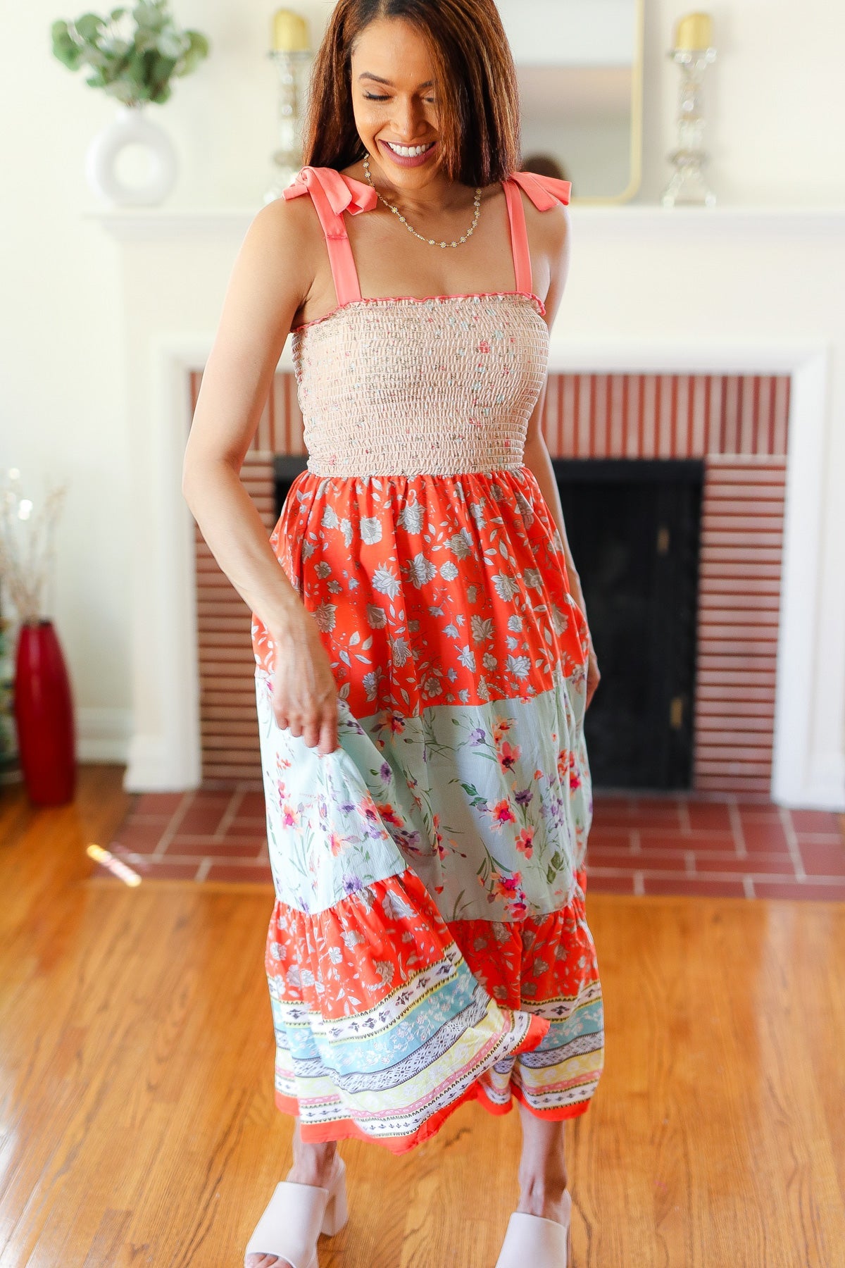 Vacay Vibes Taupe Floral Smocked Tube Top Tiered Maxi Dress-Modish Lily, Tecumseh Michigan