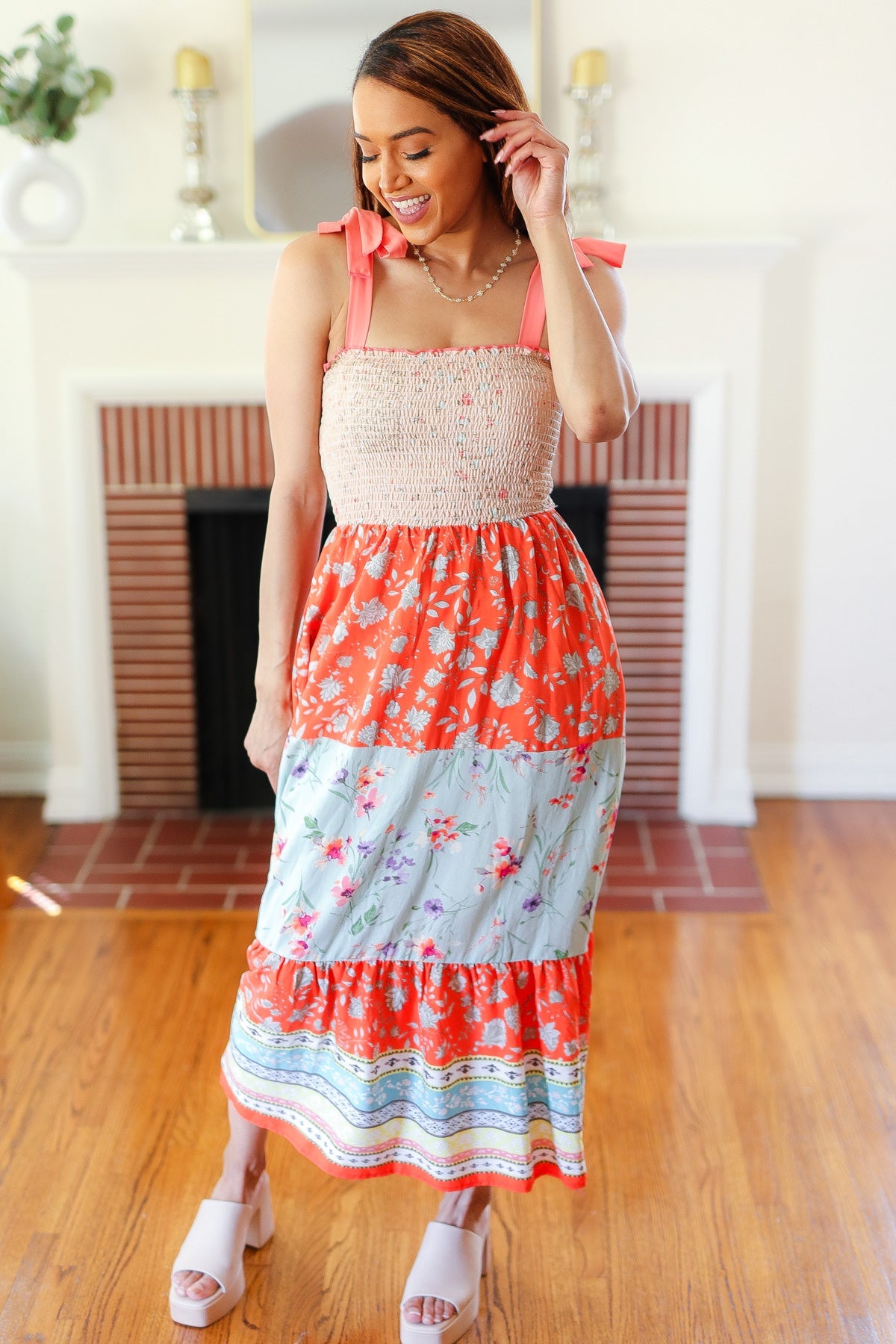 Vacay Vibes Taupe Floral Smocked Tube Top Tiered Maxi Dress-Modish Lily, Tecumseh Michigan