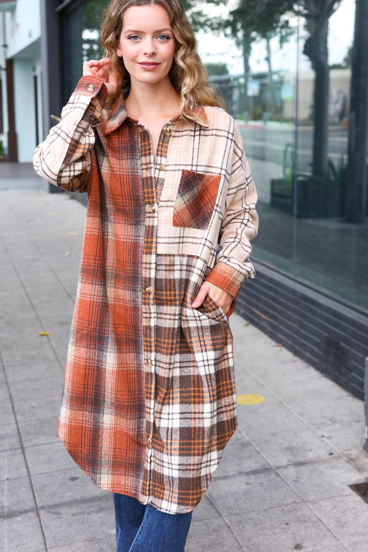 Stand Out Rust & Taupe Color Block Plaid Longline Shacket-Modish Lily, Tecumseh Michigan