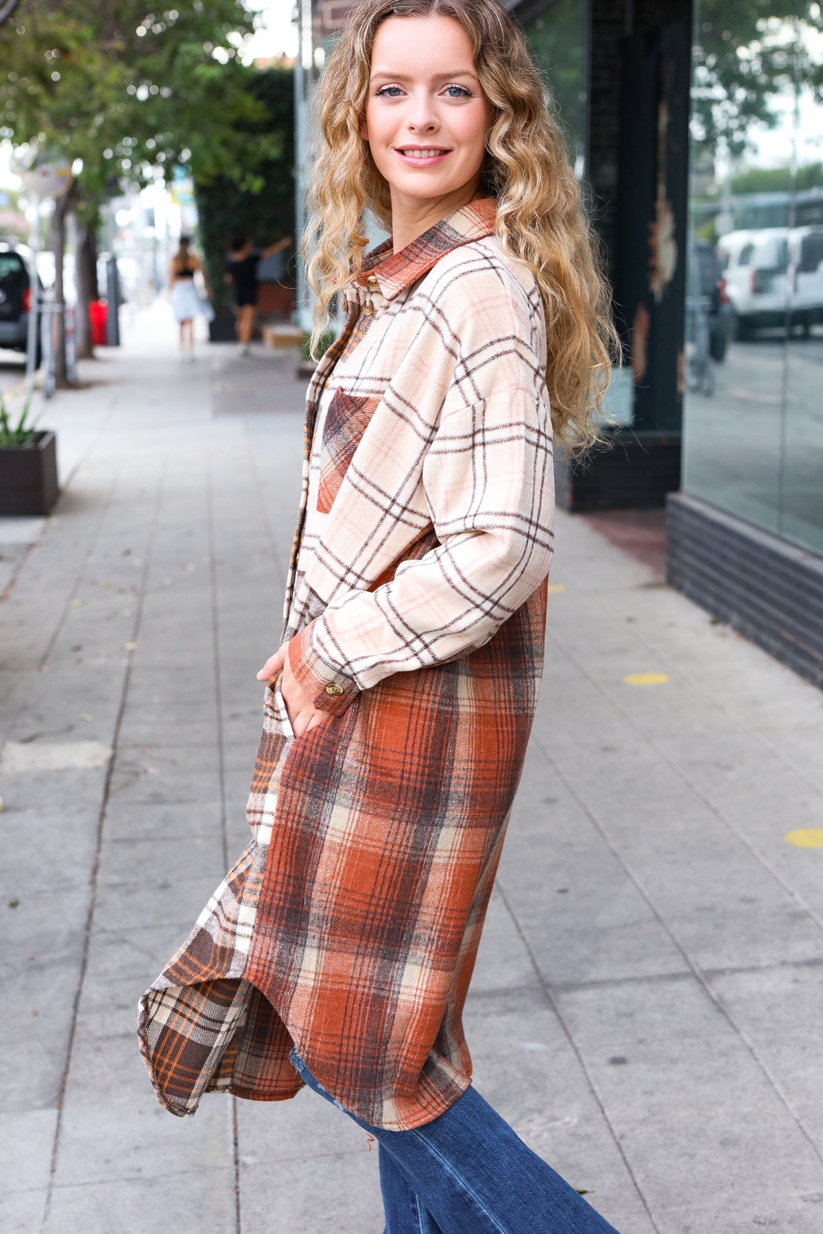 Stand Out Rust & Taupe Color Block Plaid Longline Shacket-Modish Lily, Tecumseh Michigan