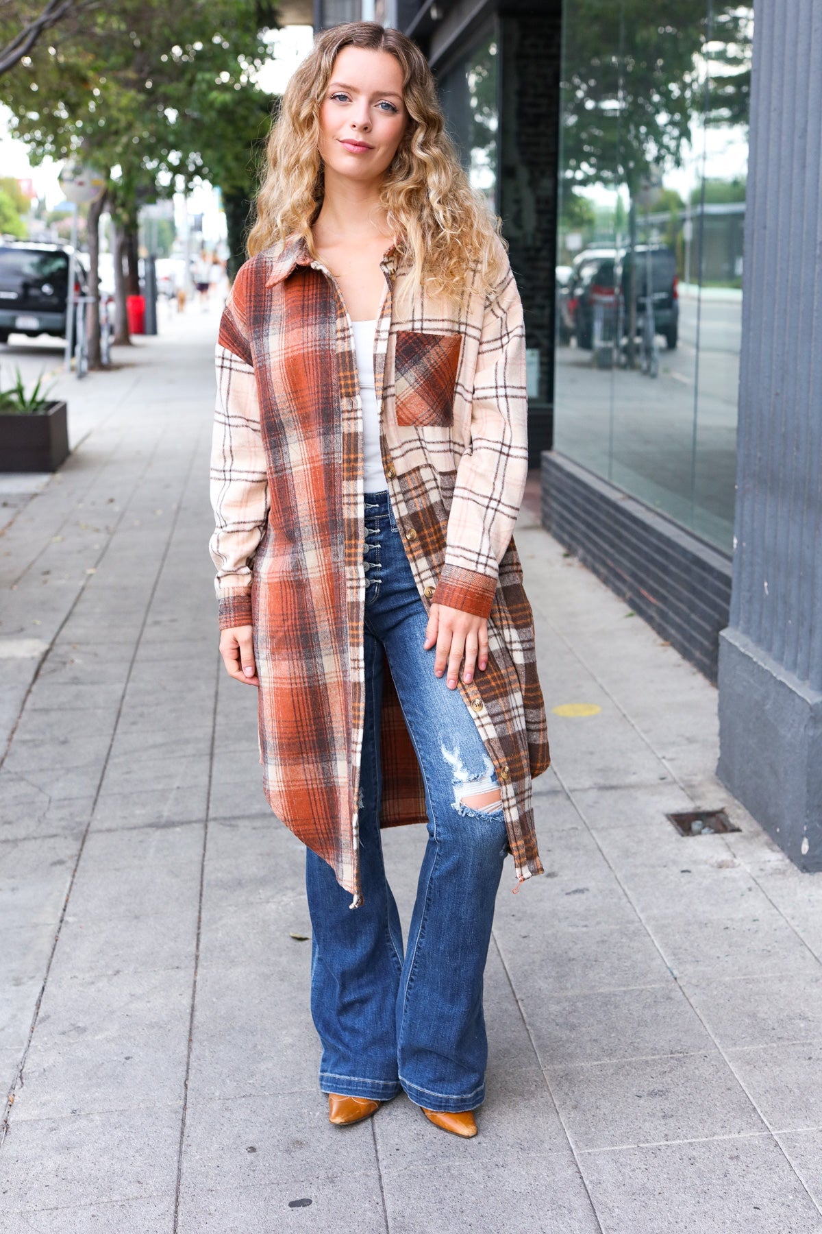 Stand Out Rust & Taupe Color Block Plaid Longline Shacket-Modish Lily, Tecumseh Michigan