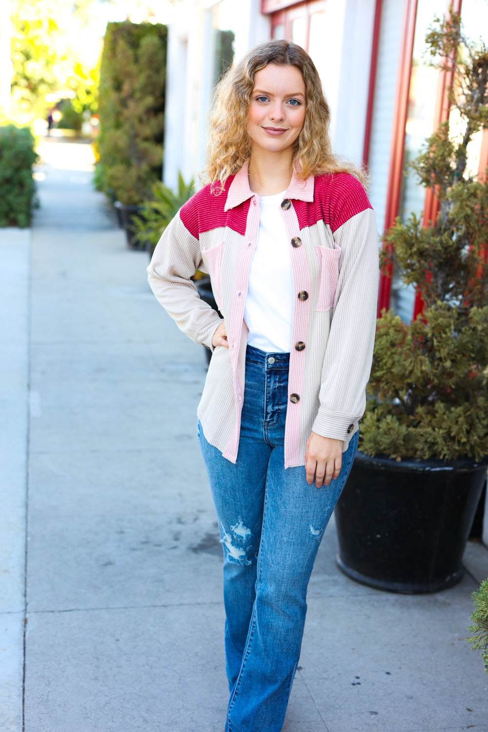 Give Joy Cranberry Ribbed Colorblock Button Down Shacket-Modish Lily, Tecumseh Michigan