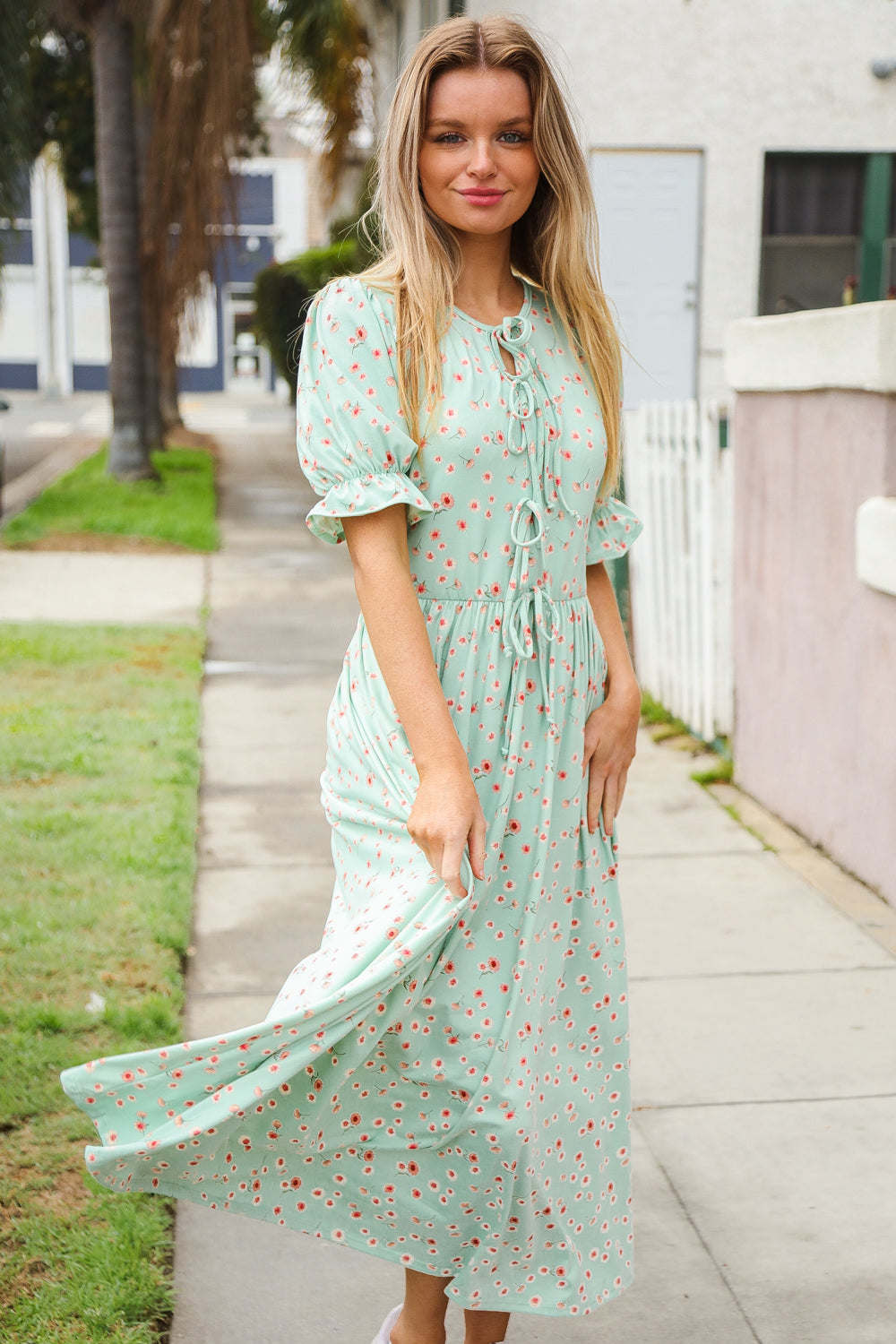 Spring Fever Ribbon Bow Tie Ditzy Floral Fit & Flare Dress-Modish Lily, Tecumseh Michigan