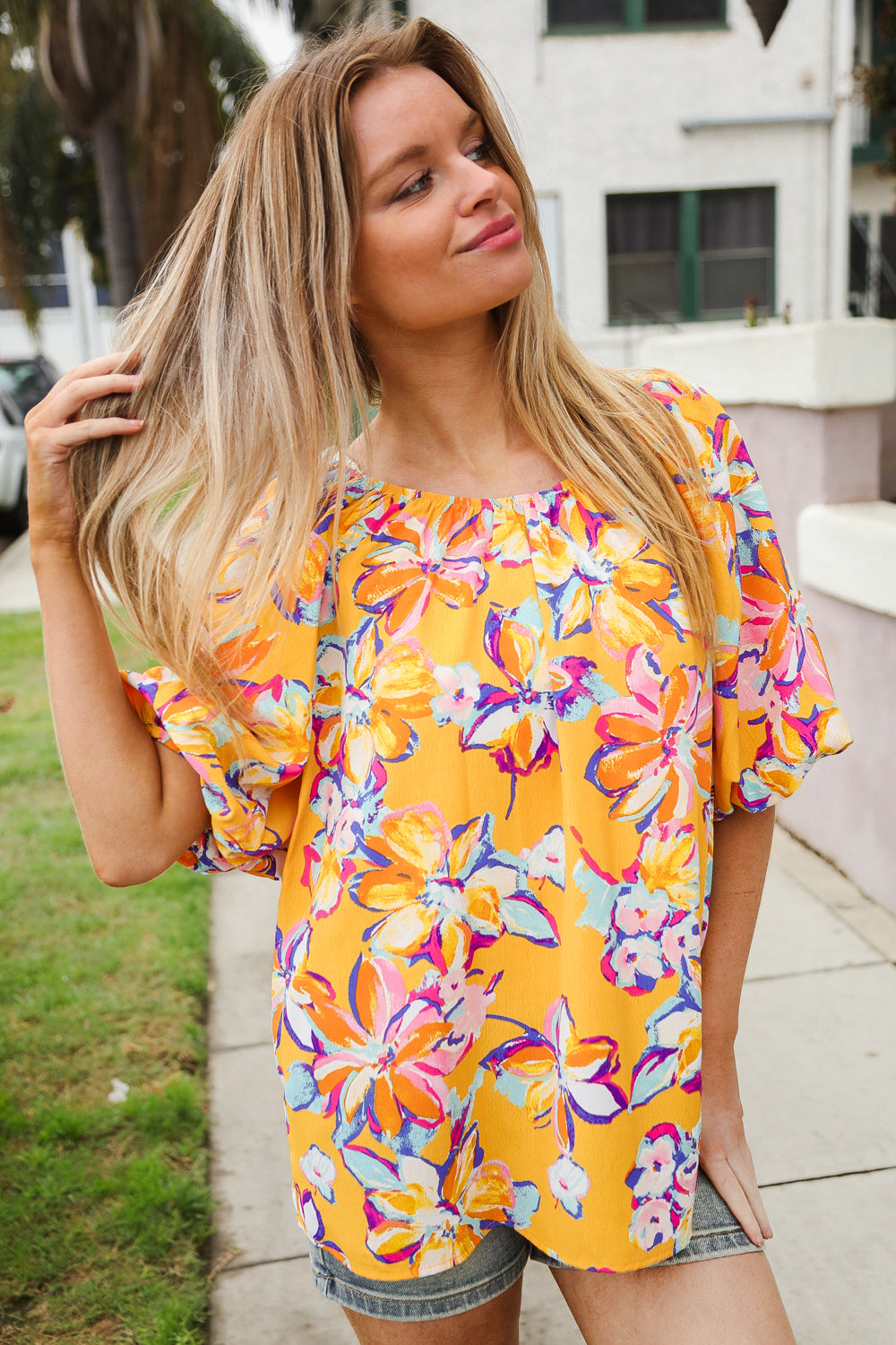 Give Joy Yellow Tropical Floral Print Elastic Elbow-Length Sleeve Blouse-Modish Lily, Tecumseh Michigan