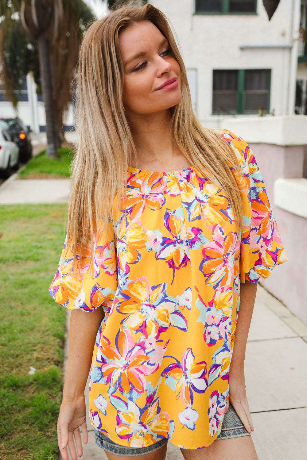 Give Joy Yellow Tropical Floral Print Elastic Elbow-Length Sleeve Blouse-Modish Lily, Tecumseh Michigan