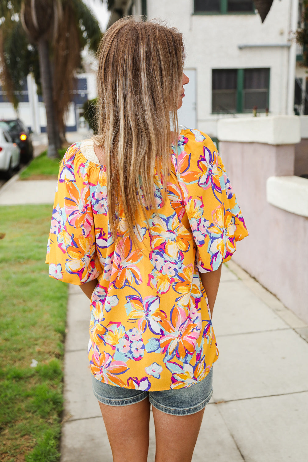 Give Joy Yellow Tropical Floral Print Elastic Elbow-Length Sleeve Blouse-Modish Lily, Tecumseh Michigan