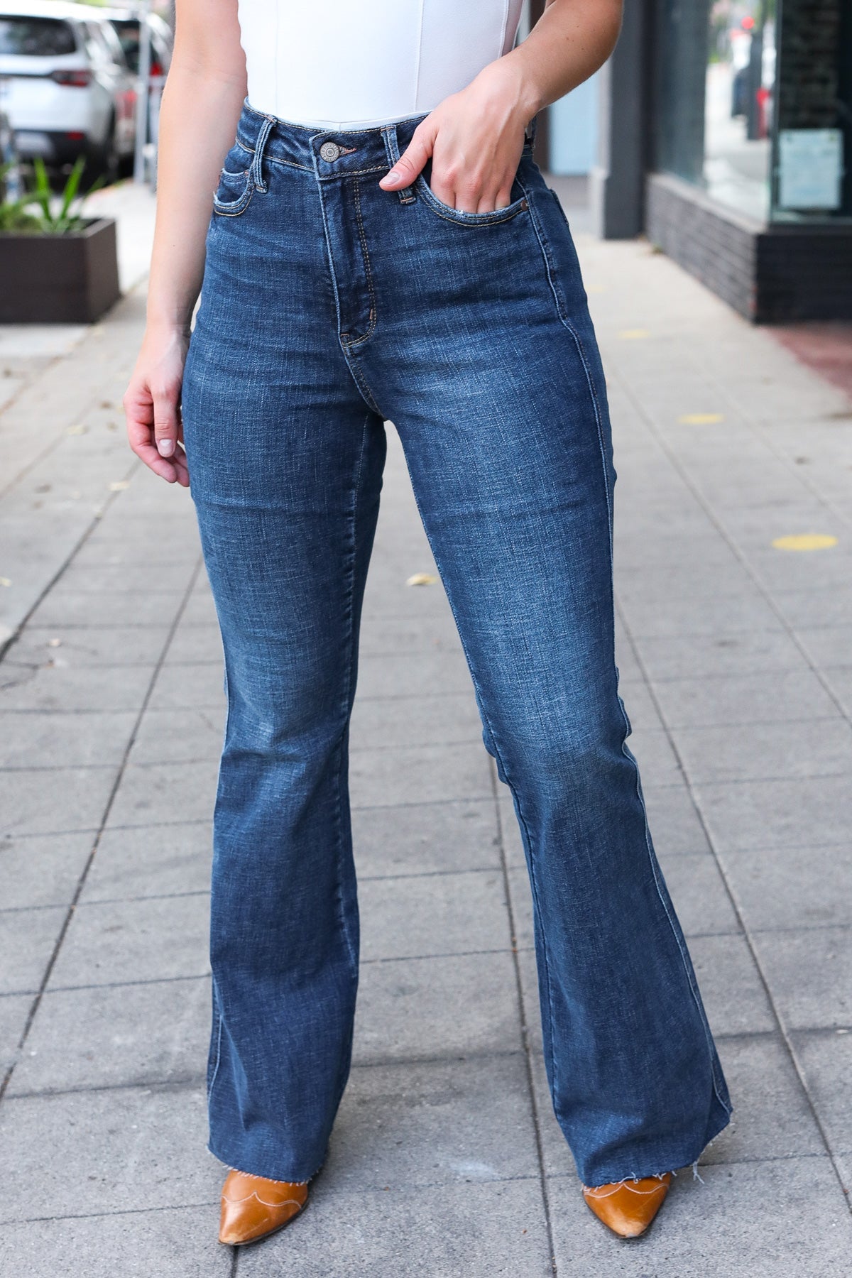 Judy Blue Dark Wash High Rise Flare Back Pocket Detail Jeans-Modish Lily, Tecumseh Michigan