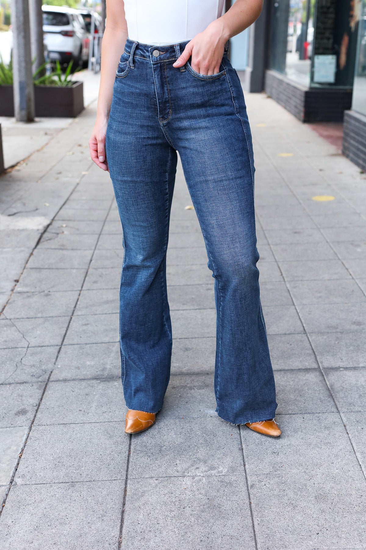 Judy Blue Dark Wash High Rise Flare Back Pocket Detail Jeans-Modish Lily, Tecumseh Michigan