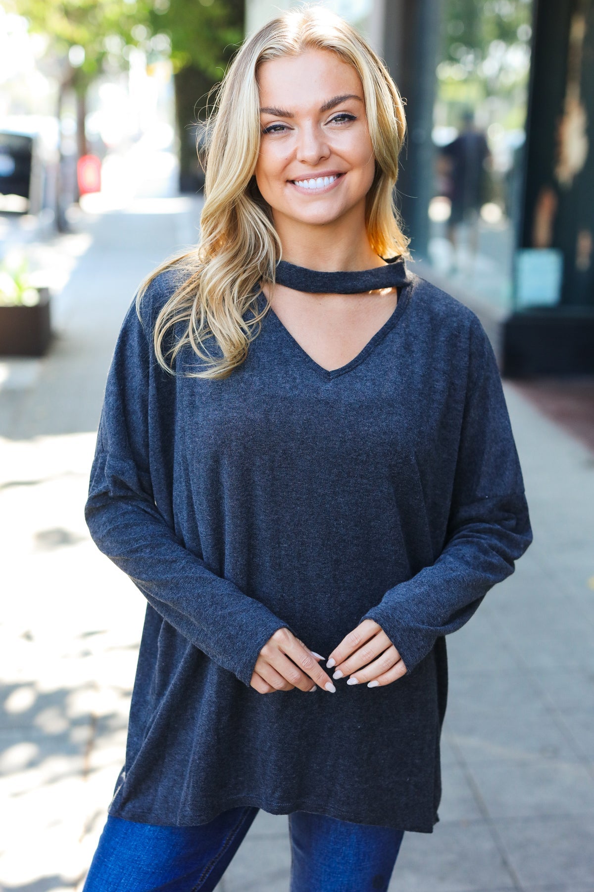 Casual Chic Solid Grey Choker Long Sleeve Hacci Pullover-Modish Lily, Tecumseh Michigan