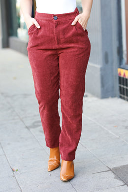 Going Your Way Burgundy Corduroy High Rise Tapered Pants-Modish Lily, Tecumseh Michigan
