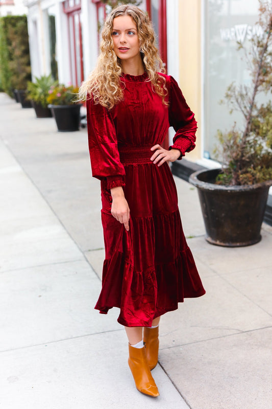 Holiday Dreaming Burgundy Velvet Mock Neck Smocked Waist Dress-Modish Lily, Tecumseh Michigan