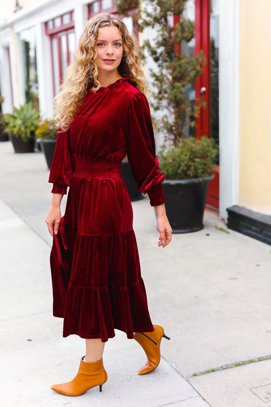 Holiday Dreaming Burgundy Velvet Mock Neck Smocked Waist Dress-Modish Lily, Tecumseh Michigan