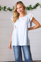 Load image into Gallery viewer, Chambray Embroidered Flutter Sleeve Top-Modish Lily, Tecumseh Michigan
