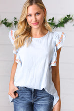 Load image into Gallery viewer, Chambray Embroidered Flutter Sleeve Top-Modish Lily, Tecumseh Michigan
