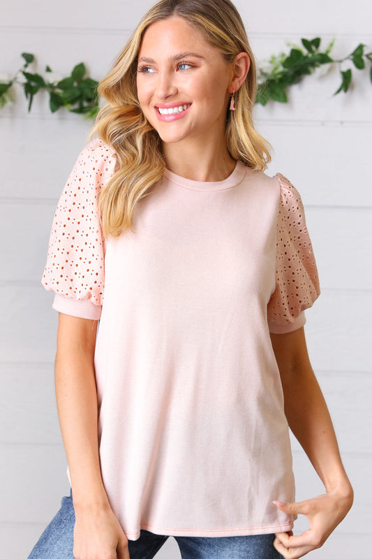 Peach Eyelet Puff Sleeve French Terry Top-Modish Lily, Tecumseh Michigan