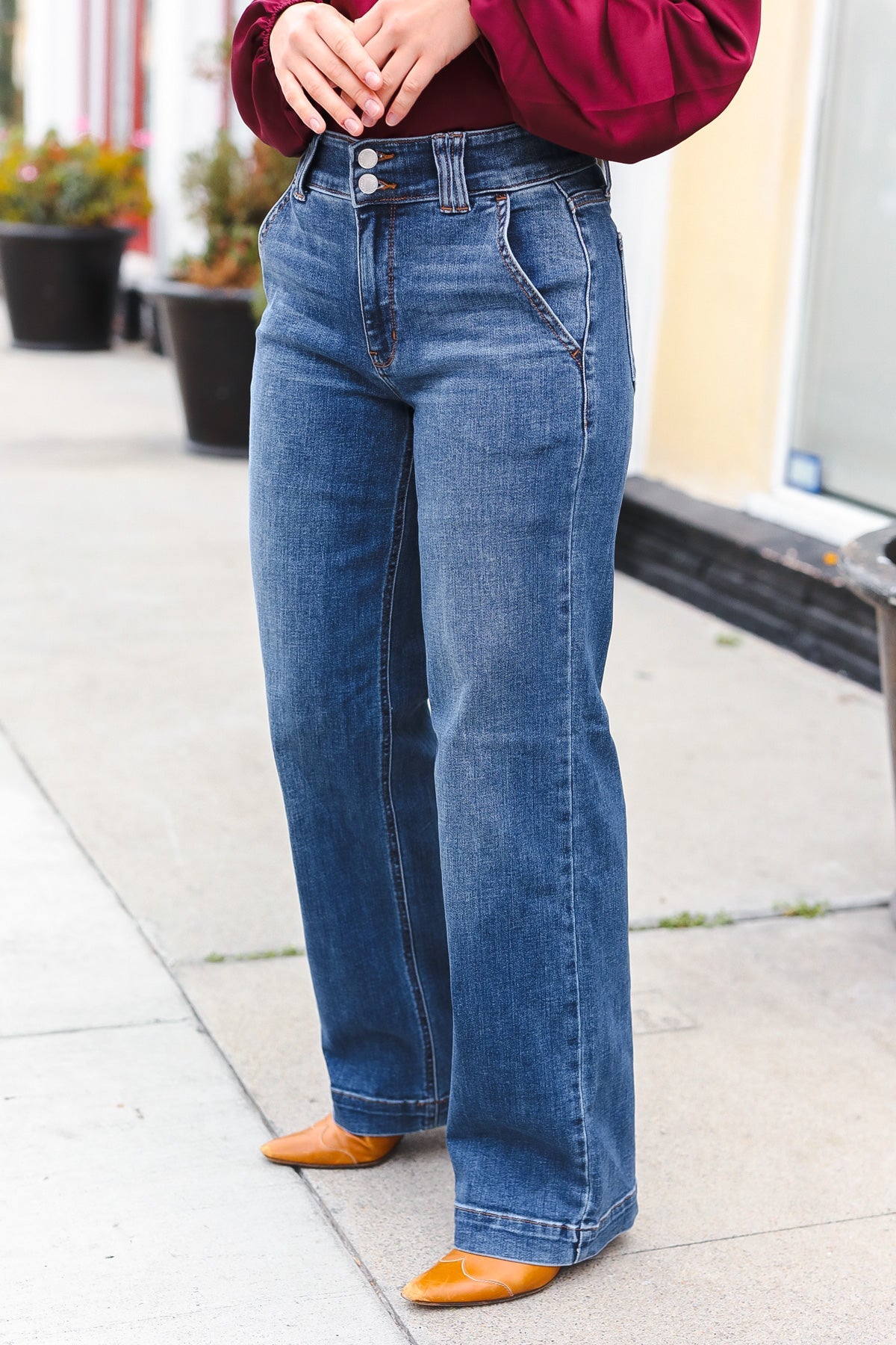 Judy Blue High Rise Double Button Crisscross Detail Wide Leg Jeans-Modish Lily, Tecumseh Michigan