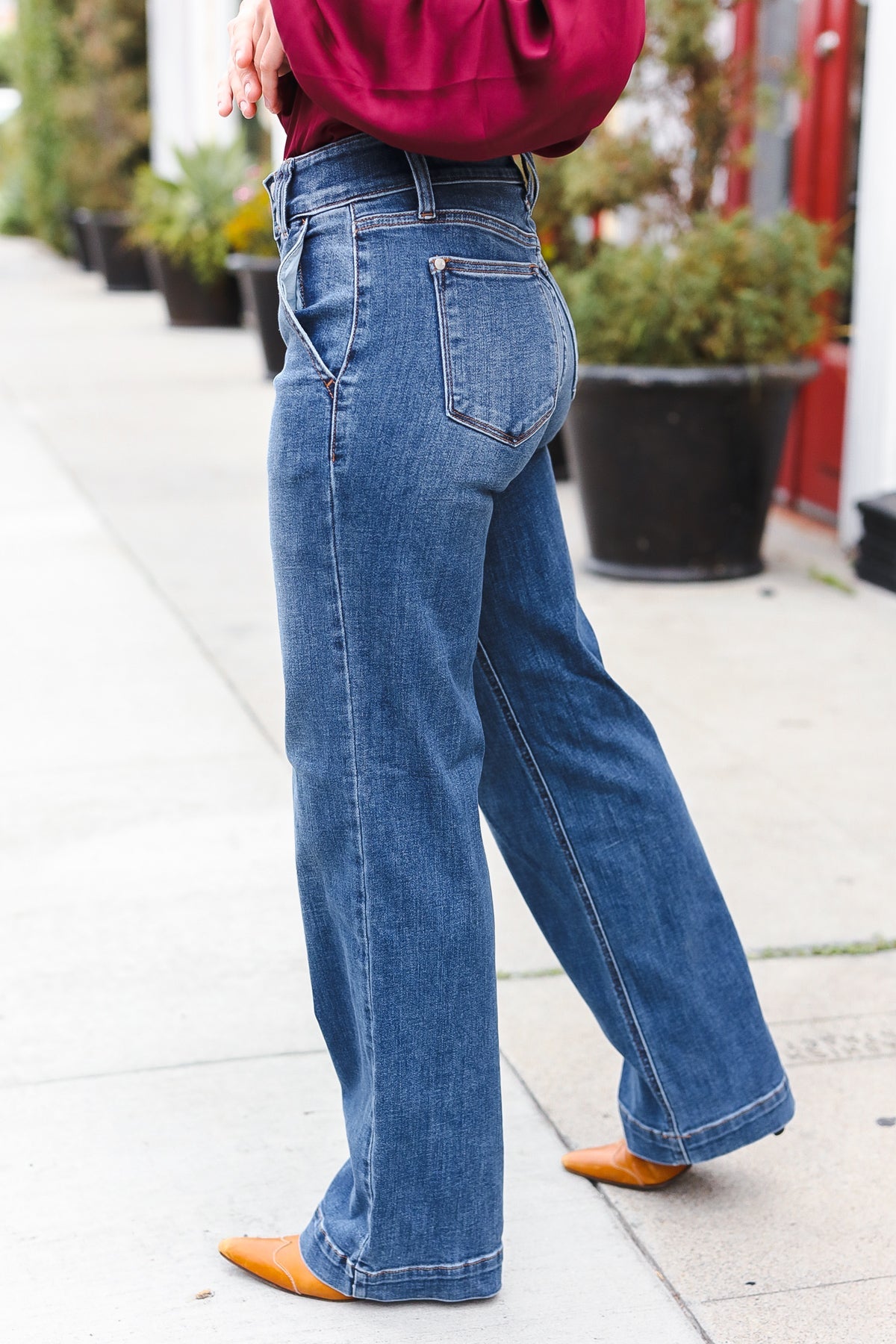 Judy Blue High Rise Double Button Crisscross Detail Wide Leg Jeans-Modish Lily, Tecumseh Michigan