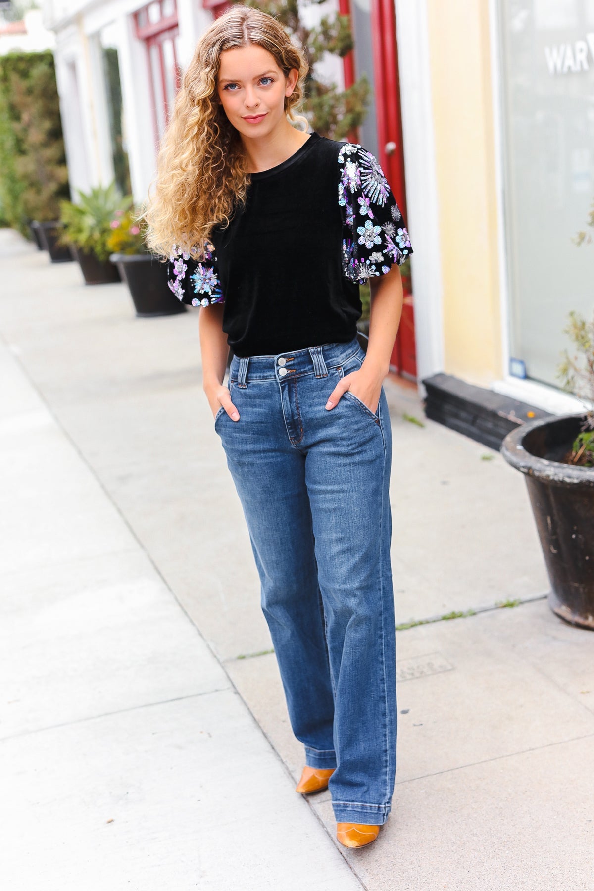 Feeling Glamorous Black Floral Sequin Puff Sleeve Velvet Top-2024 Blow-Out Sale-Modish Lily, Tecumseh Michigan