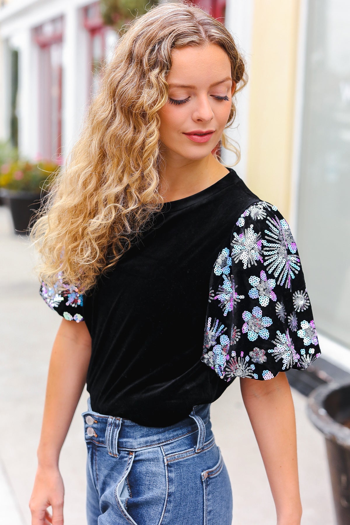 Feeling Glamorous Black Floral Sequin Puff Sleeve Velvet Top-2024 Blow-Out Sale-Modish Lily, Tecumseh Michigan