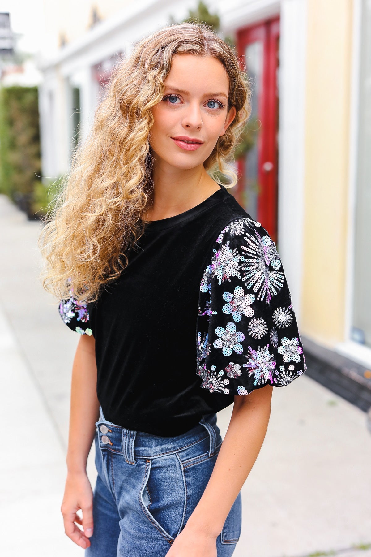 Feeling Glamorous Black Floral Sequin Puff Sleeve Velvet Top-2024 Blow-Out Sale-Modish Lily, Tecumseh Michigan