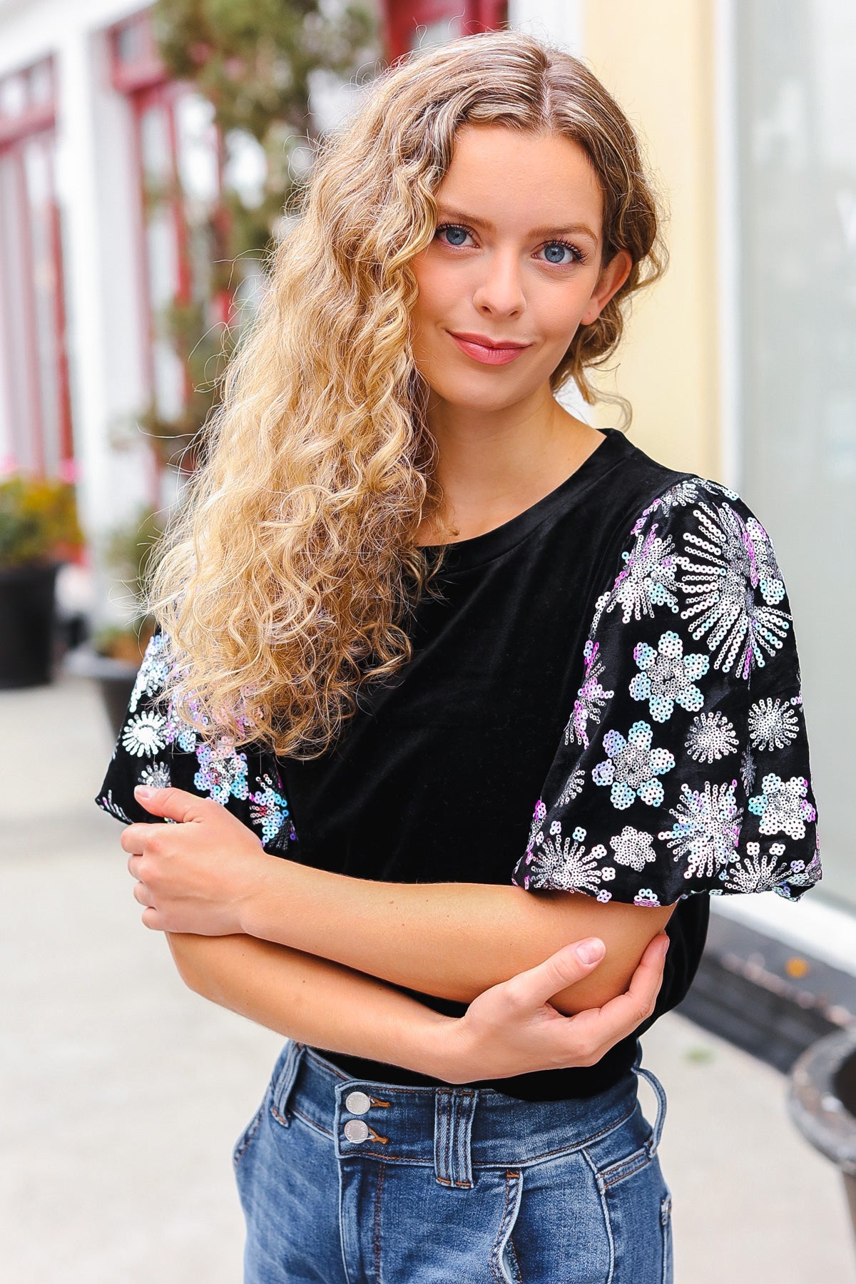 Feeling Glamorous Black Floral Sequin Puff Sleeve Velvet Top-2024 Blow-Out Sale-Modish Lily, Tecumseh Michigan