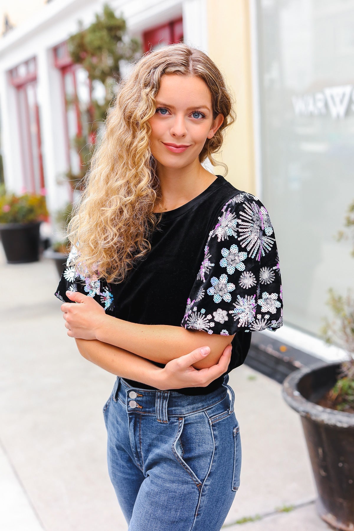 Feeling Glamorous Black Floral Sequin Puff Sleeve Velvet Top-2024 Blow-Out Sale-Modish Lily, Tecumseh Michigan