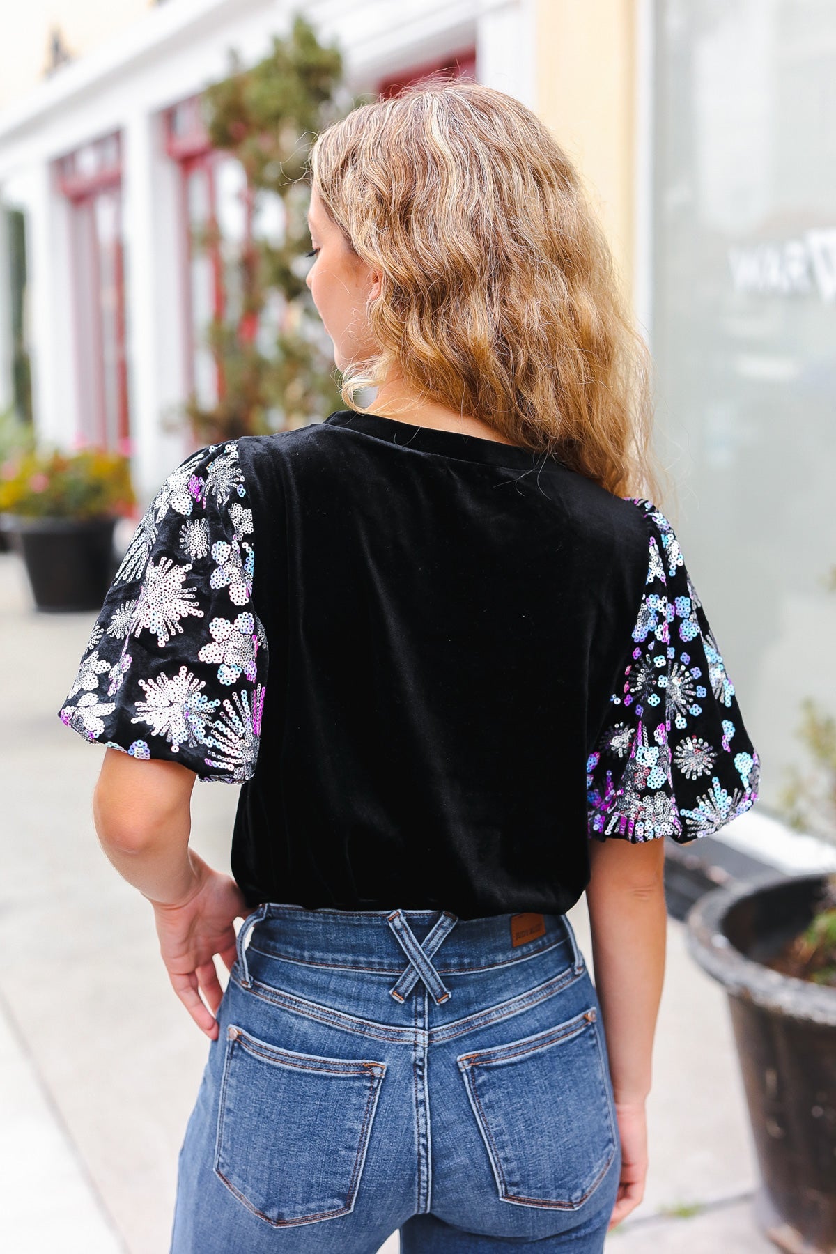 Feeling Glamorous Black Floral Sequin Puff Sleeve Velvet Top-2024 Blow-Out Sale-Modish Lily, Tecumseh Michigan