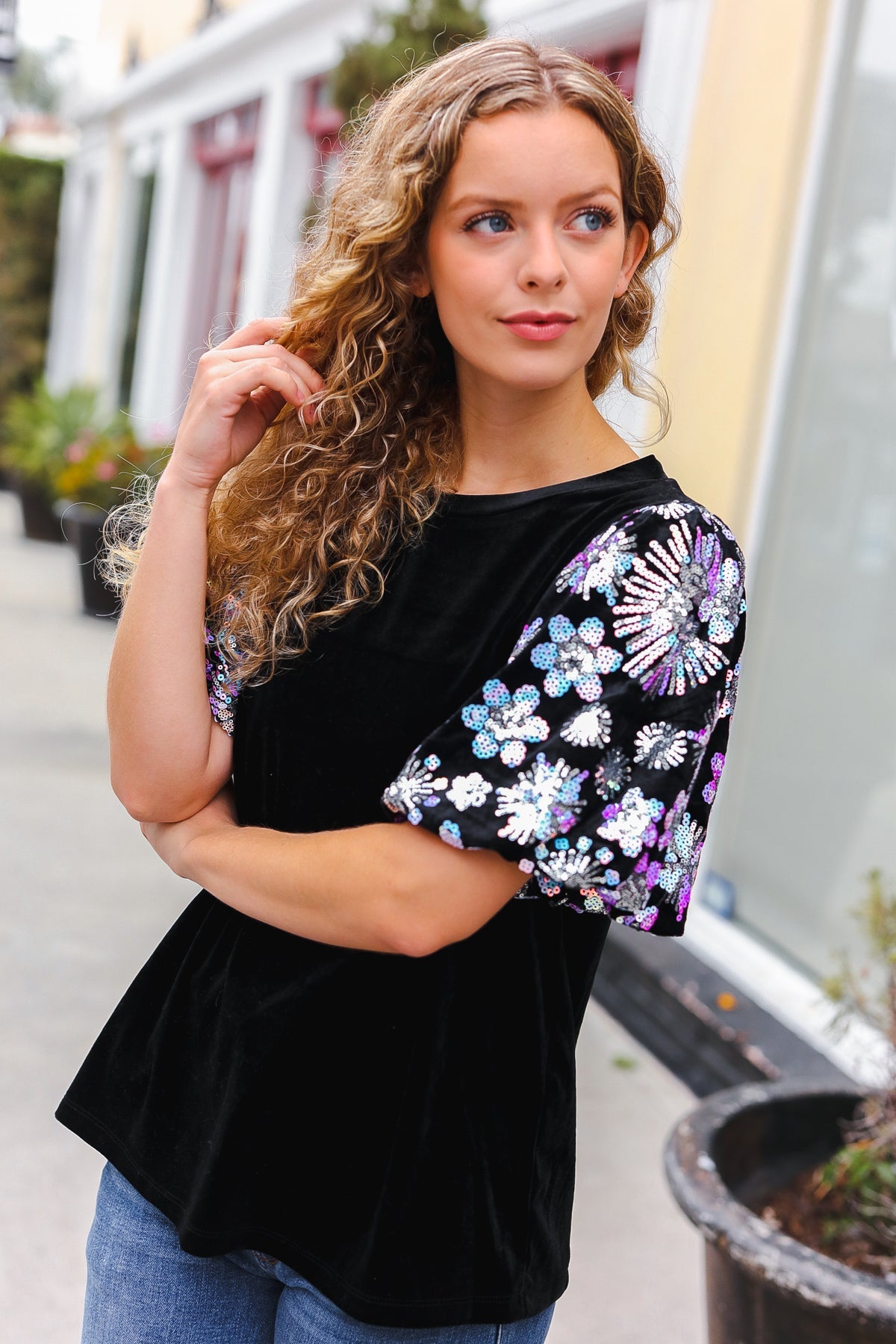 Feeling Glamorous Black Floral Sequin Puff Sleeve Velvet Top-2024 Blow-Out Sale-Modish Lily, Tecumseh Michigan