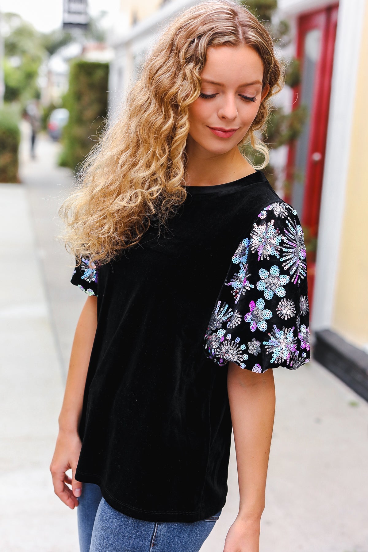 Feeling Glamorous Black Floral Sequin Puff Sleeve Velvet Top-2024 Blow-Out Sale-Modish Lily, Tecumseh Michigan