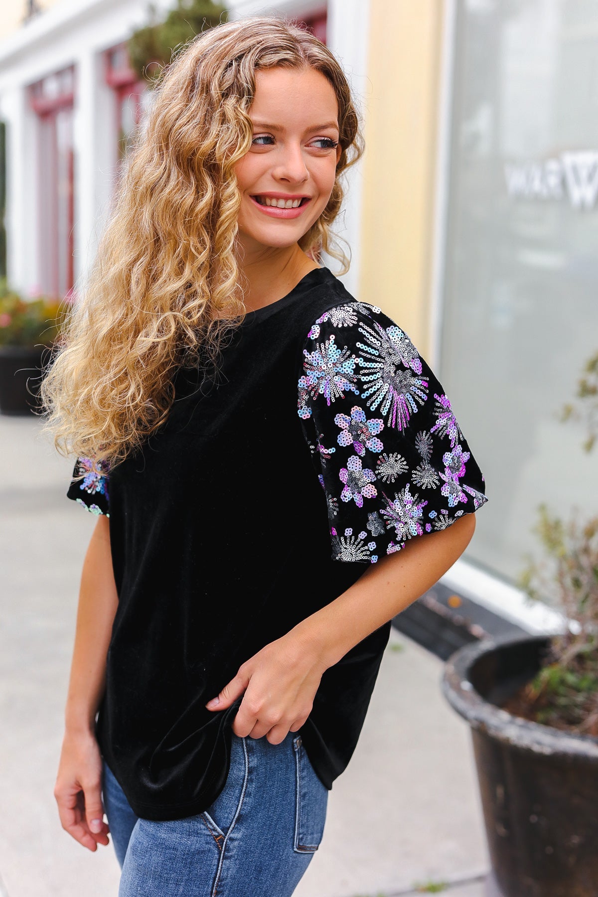 Feeling Glamorous Black Floral Sequin Puff Sleeve Velvet Top-2024 Blow-Out Sale-Modish Lily, Tecumseh Michigan