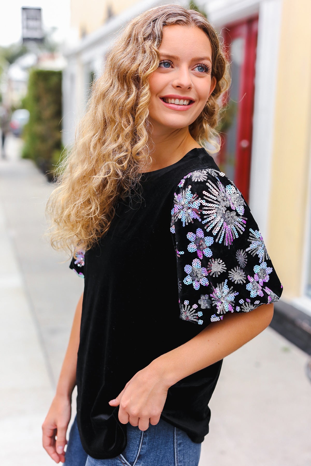 Feeling Glamorous Black Floral Sequin Puff Sleeve Velvet Top-2024 Blow-Out Sale-Modish Lily, Tecumseh Michigan