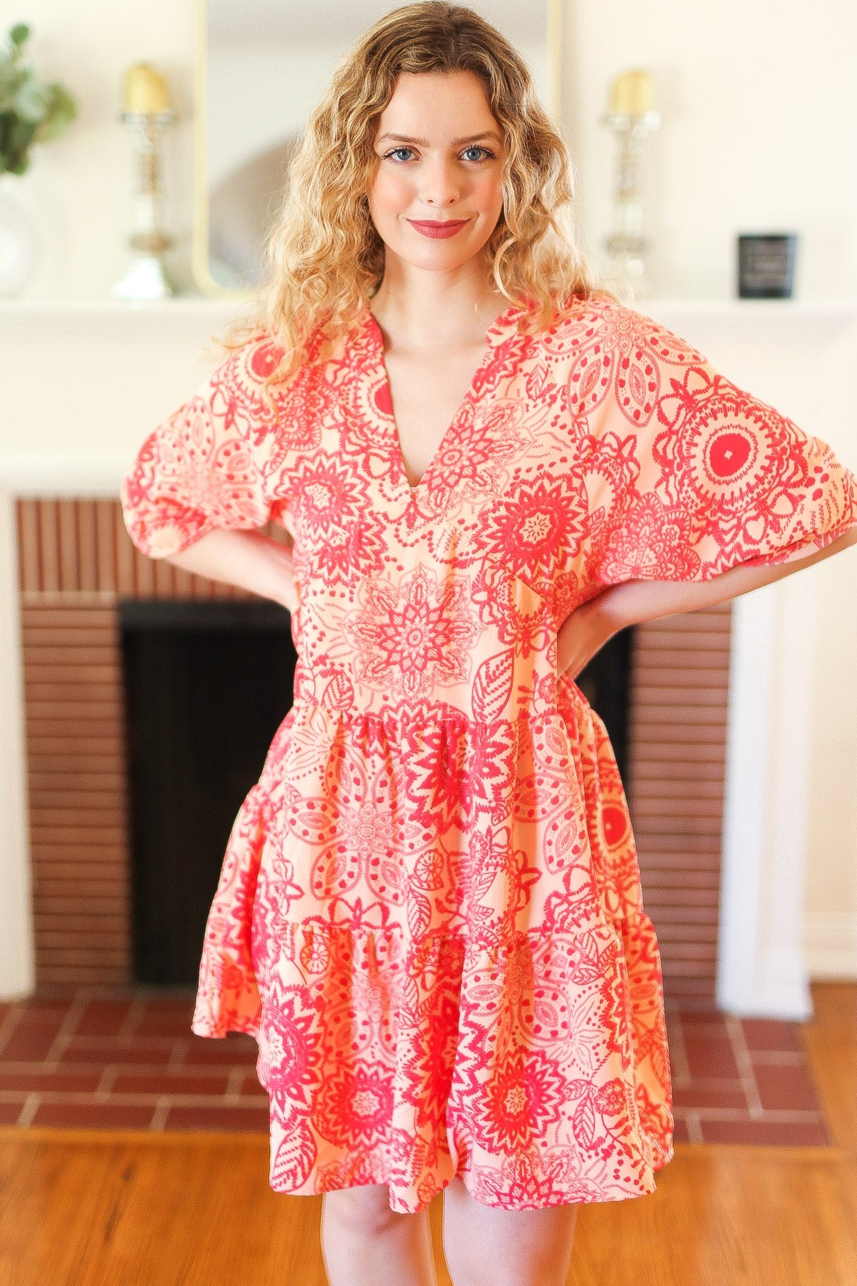 All You Need Peach & Coral Boho Floral V Neck Dress-Modish Lily, Tecumseh Michigan