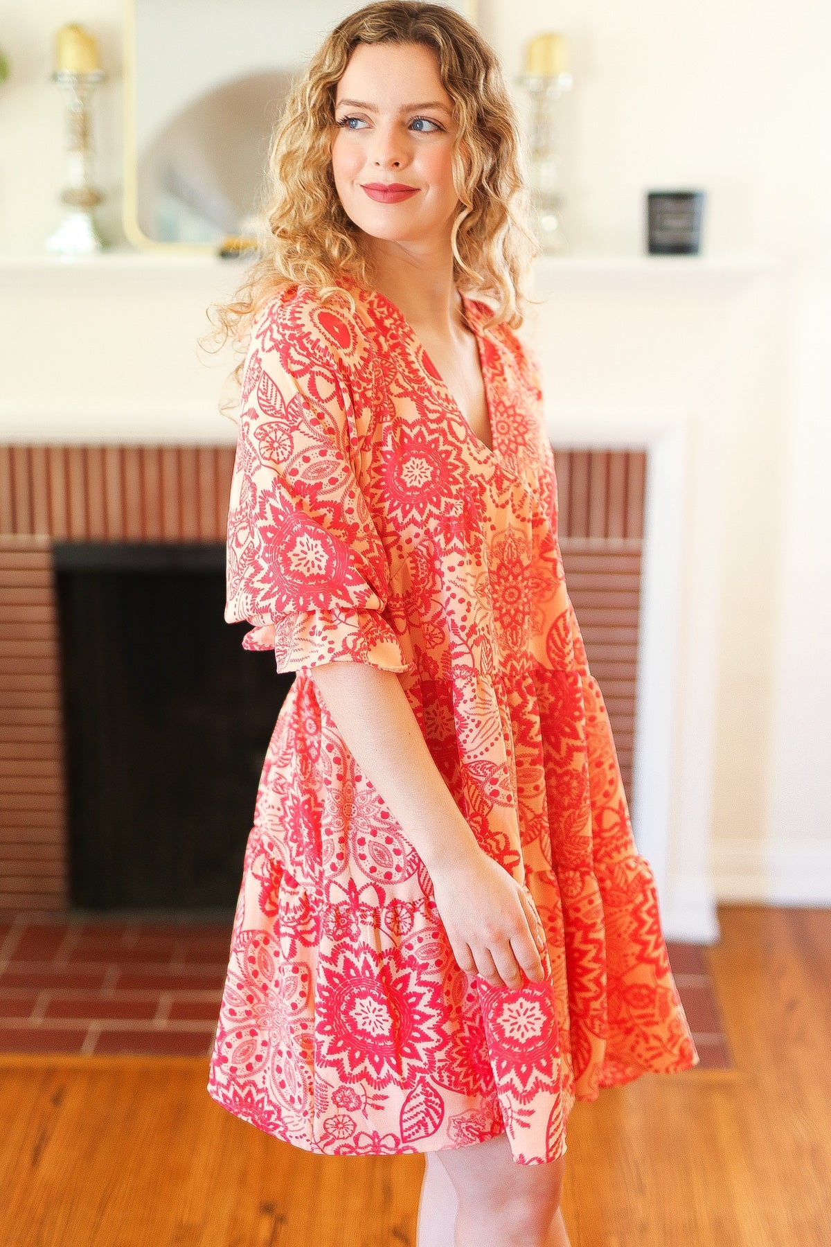 All You Need Peach & Coral Boho Floral V Neck Dress-Modish Lily, Tecumseh Michigan