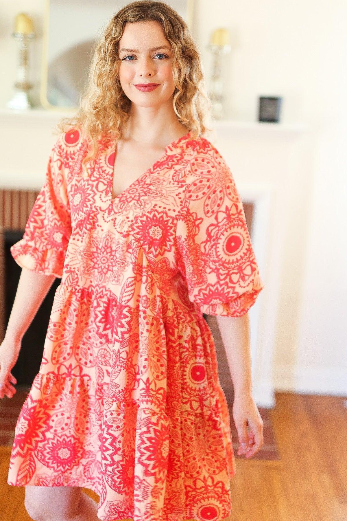 All You Need Peach & Coral Boho Floral V Neck Dress-Modish Lily, Tecumseh Michigan