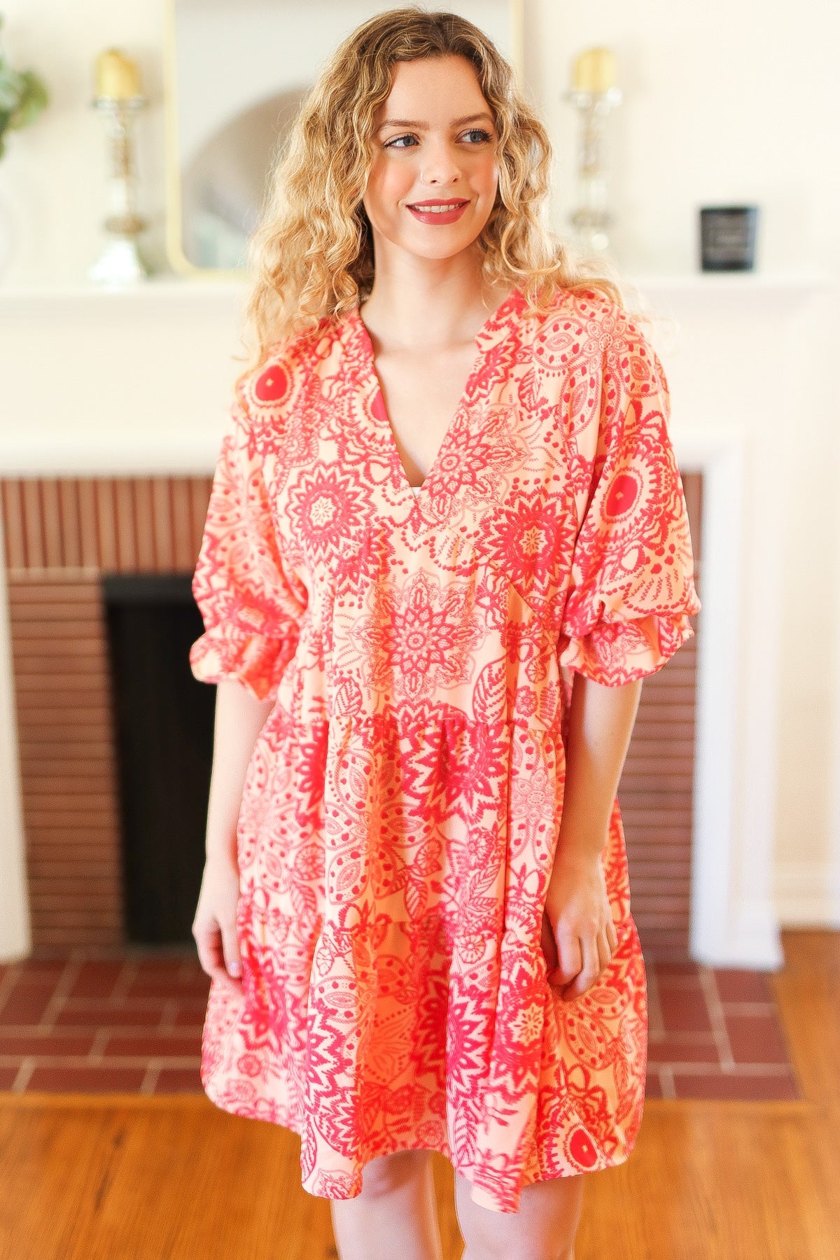 All You Need Peach & Coral Boho Floral V Neck Dress-Modish Lily, Tecumseh Michigan